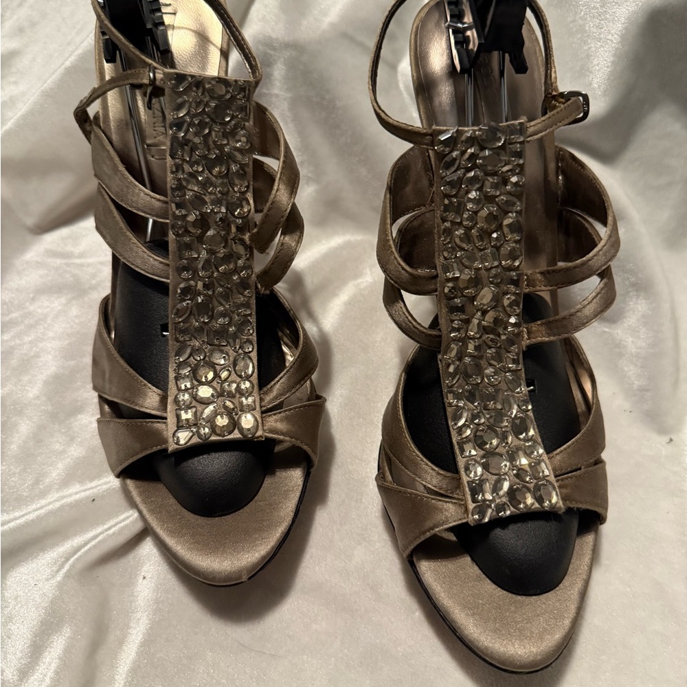 BCBGMaxAzria Metallic Strappy Heels with Rhinestones